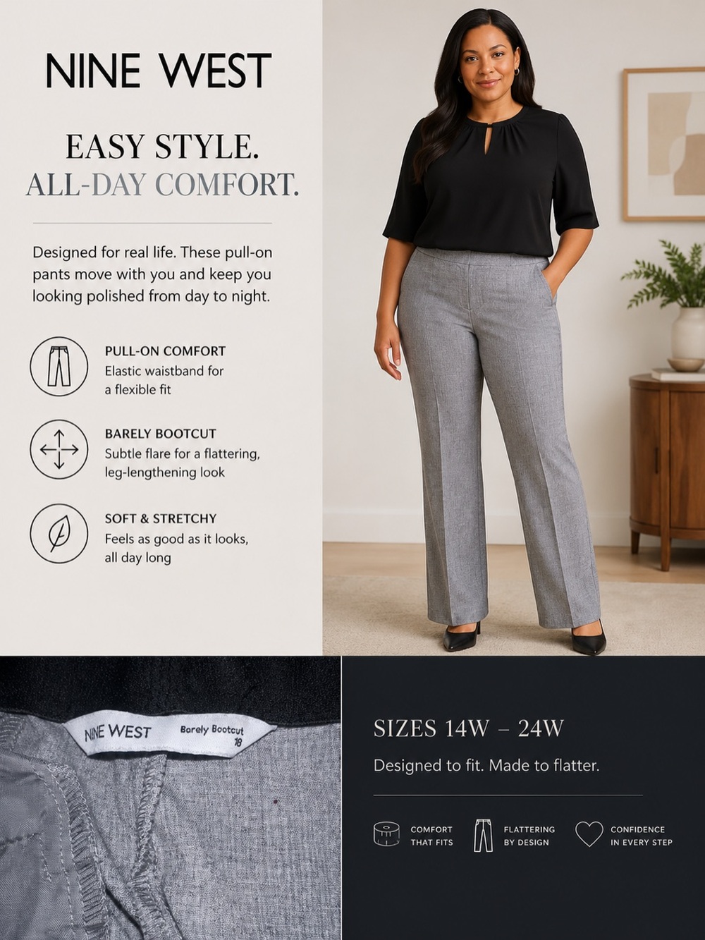 Nine West Gray Barely Bootcut Pull-On Pants - Classic Workwear